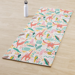 Pink Happy Jungle Animal Pattern & Tropical Blätte Yogamatte