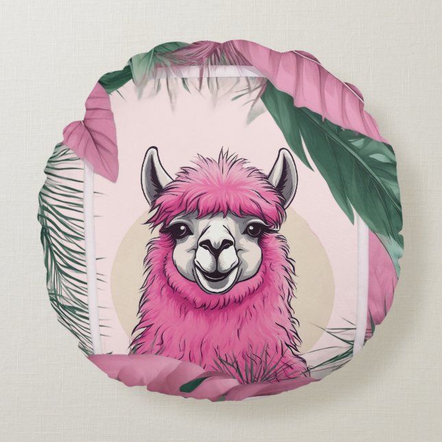 Pink Happy Lama lächeln Rundes Kissen (Vorderseite)