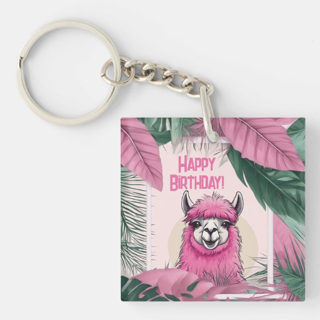 Pink Happy Lama lächeln Schlüsselanhänger (Vorderseite)