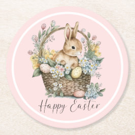 Pink Happy Oaster Bunny Runder Pappuntersetzer