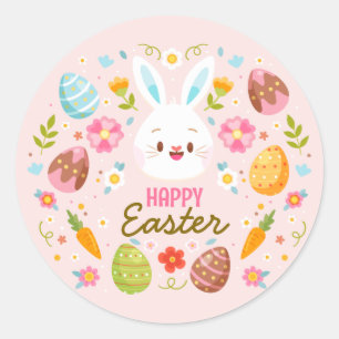 Pink Happy Ostern Hase Frühling Floral Runder Aufkleber