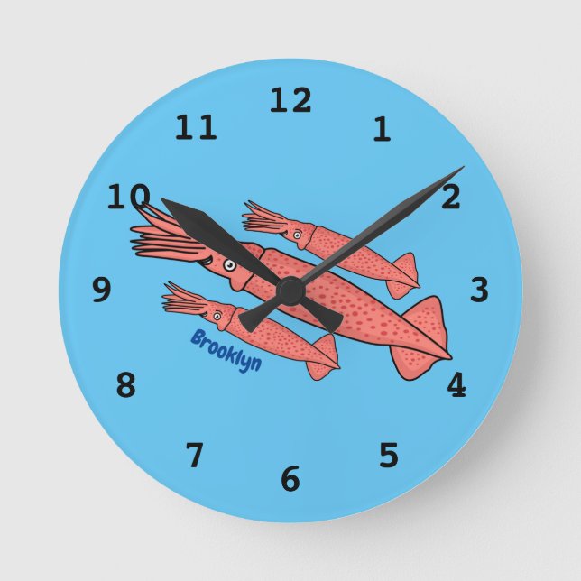 Pink happy squid cartoon illustration runde wanduhr (Vorderseite)