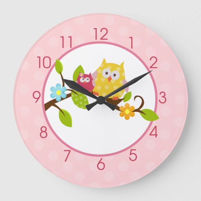 Pink Happy Tree Owl clock Große Wanduhr (Vorderseite)