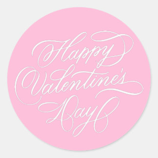 Pink Happy Valentines Day Elegant Calligraphy Runder Aufkleber