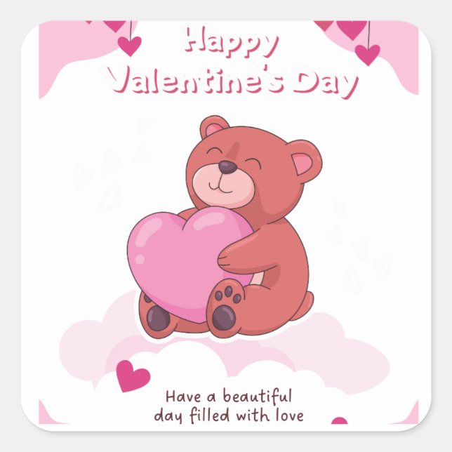 Pink Happy Valentine's Day Quadratischer Aufkleber (Vorderseite)