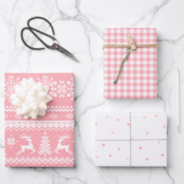 Pink hässlich Weihnachtspulli Büffel karierte Herz Geschenkpapier Set (Vorderseite)