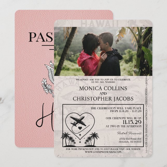 Pink Hawaii Pass Einladung zur Hochzeit (Vorne/Hinten)