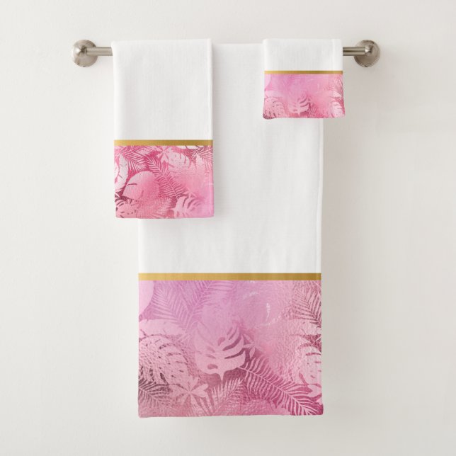 PINK HAWAIIAN TROPICAL GOLD BADEZIMMER TOWEL SET (Insitu)