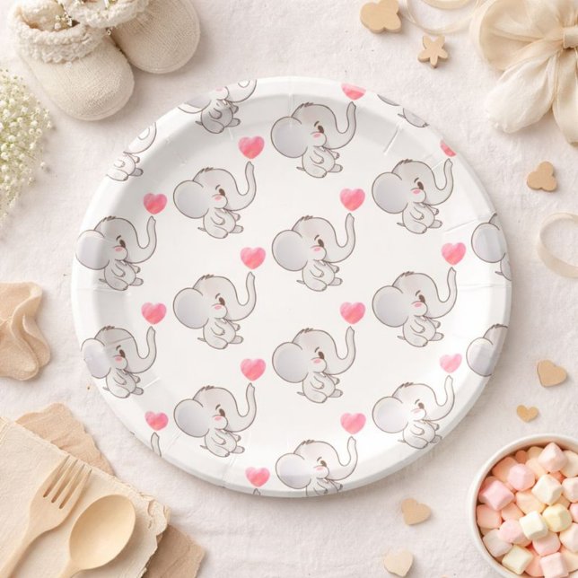Pink Heart Baby Elephant Paper Plate Pappteller (Von Creator hochgeladen)