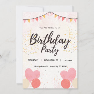 Pink Heart Balloons Birthday Party Invitation Einladung