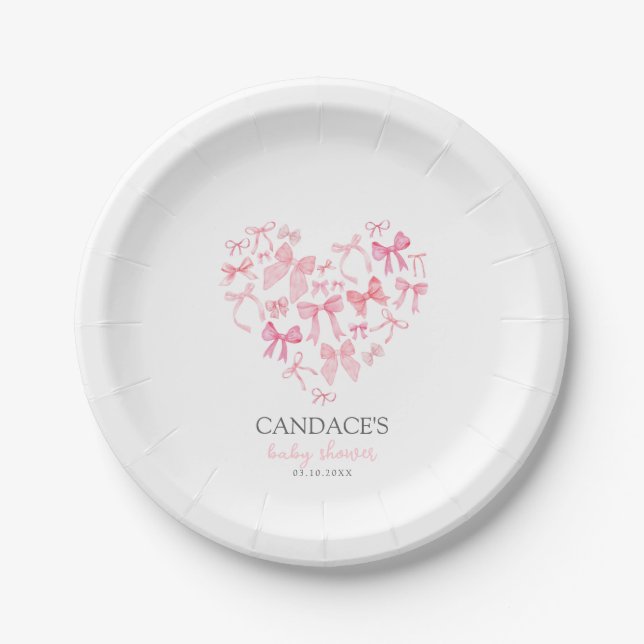 Pink Heart Bow Custom Baby Shower Feier Pappteller (Vorderseite)