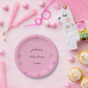 Pink Heart Butterfly Mädchen Baby Shower  Pappteller