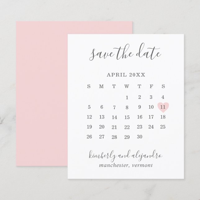 Pink Heart Calender Budget Hochzeit speichern das  (Vorne/Hinten)