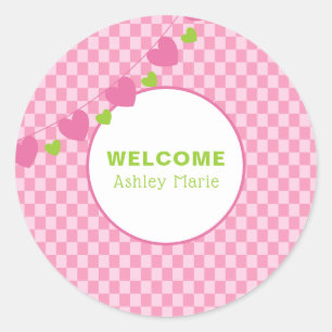 Pink Heart Checkerboard Begrüßung Baby Runder Aufkleber
