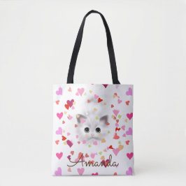 Pink Heart Confetti White Kitten Tote Bag Tasche