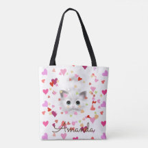 Pink Heart Confetti White Kitten Tote Bag
