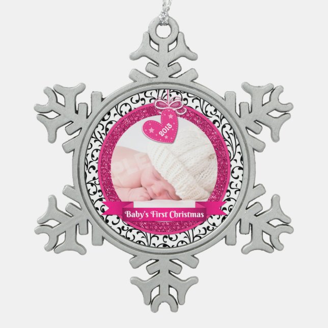 Pink Heart Damask Foto Baby's First Christmas Schneeflocken Zinn-Ornament (Vorderseite)