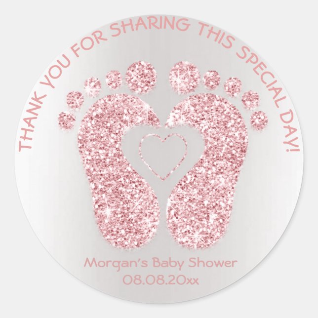 Pink Heart Feet Baby Dusche Glitzer Danke Funkelnd Runder Aufkleber (Vorderseite)