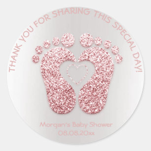 Pink Heart Feet Baby Dusche Glitzer Danke Girl Runder Aufkleber