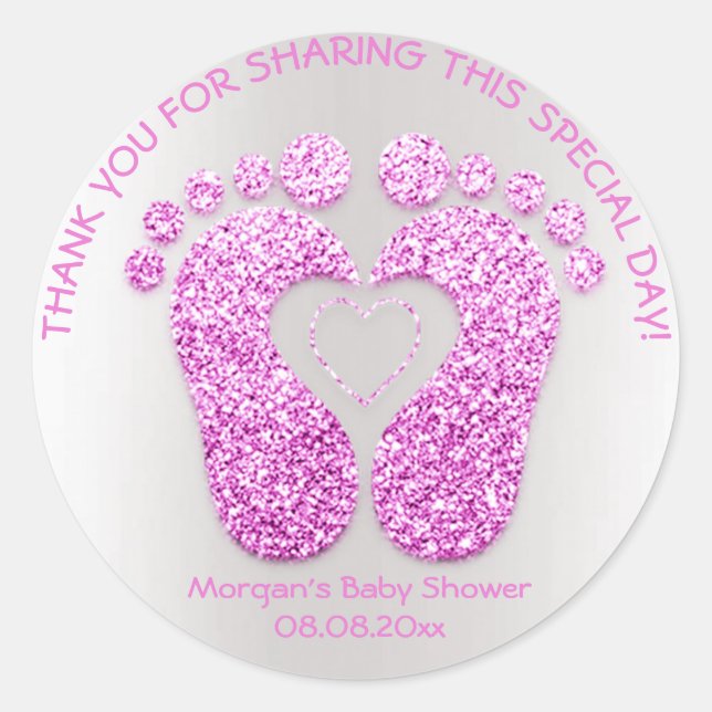 Pink Heart Feet Babydusche Gefallen Dank Glitzer Runder Aufkleber (Vorderseite)
