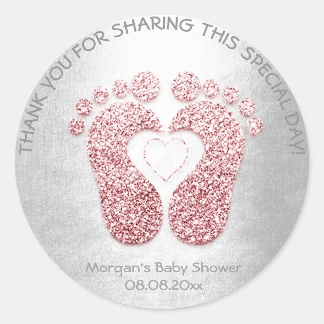 Pink Heart Feet Babydusche Glitzer Dankeschön an G Runder Aufkleber (Vorderseite)