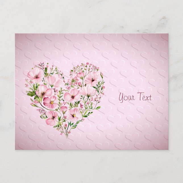 Pink Heart Floral Postkarte (Vorderseite)