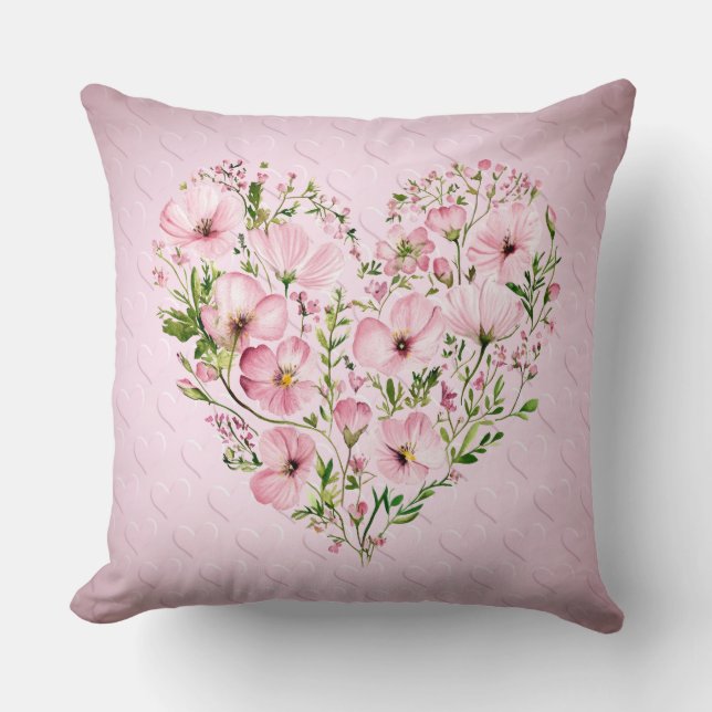 Pink Heart Floral Throw Kissen (Vorderseite)