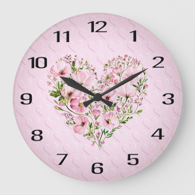 Pink Heart Floral Wall Clock Große Wanduhr (Vorderseite)