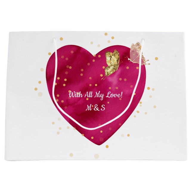 Pink Heart & Gold Butterfly Valentine Wrapping Große Geschenktüte (Vorderseite)
