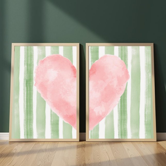 Pink Heart Green Stripes Watercolor, Cute Girly (Créateur téléchargé)