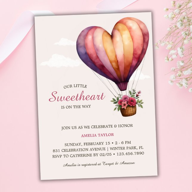 Pink Heart Hot Air Ballon Girl Baby Dusche Einladung (Pink Heart Hot Air Balloon Girl Baby Shower Invitation)