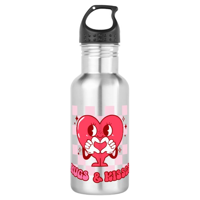Pink Heart Hugs and Kisses Edelstahlflasche (Vorderseite)
