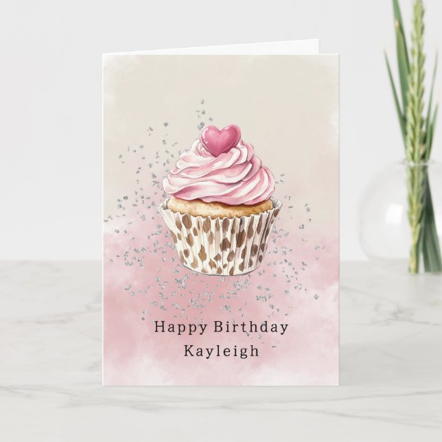 Pink Heart Leopard Cupcake Geburtstag Karte (Vorderseite)
