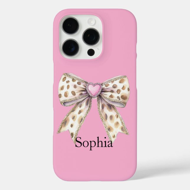 Pink Heart Leopard Girly Bow iPhone 16 Pro Hülle (Rückseite)