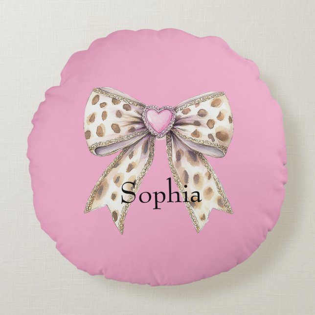 Pink Heart Leopard Girly Bow Rundes Kissen (Vorderseite)