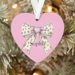 Pink Heart Leopard Girly Bow Weihnachten Ornament