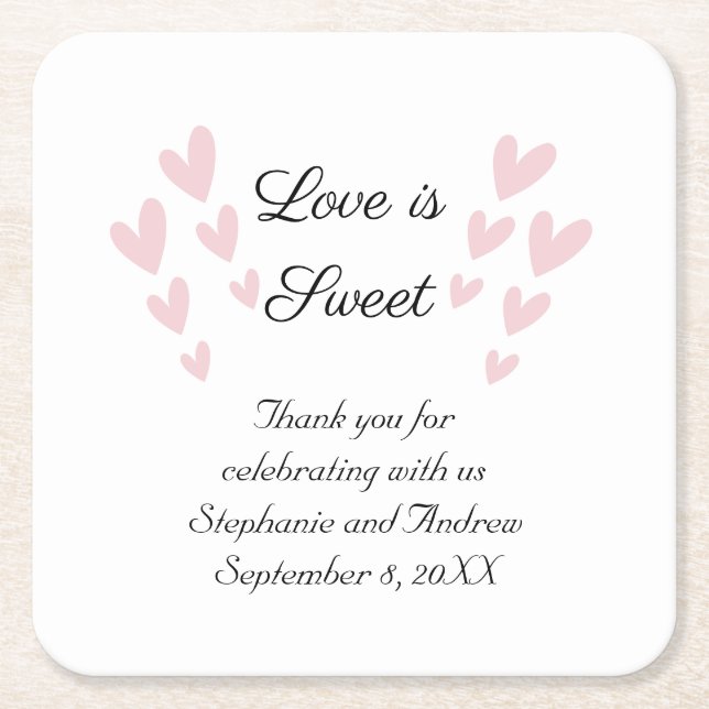 Pink Heart Liebe personalisieren ist süße Hochzeit Rechteckiger Pappuntersetzer (Vorderseite)