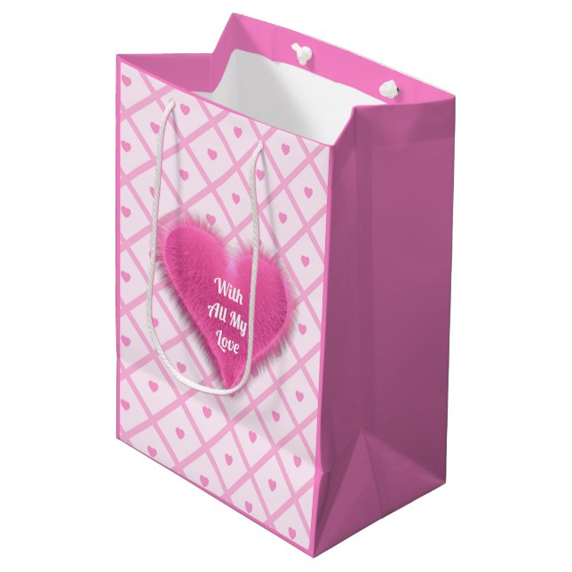 Pink Heart Moderne Karierte Sammlung Mittlere Geschenktüte (Vorderseite Schrägansicht)