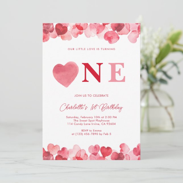 Pink Heart One First Girl Birthday  Einladung (Stehend Vorderseite)