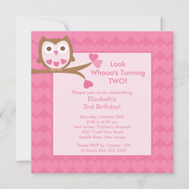 Pink Heart Owl Kids Birthday Invitation Einladung (Vorderseite)