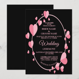 Pink Heart Pattern Black Geometric Elegant Wedding Einladung