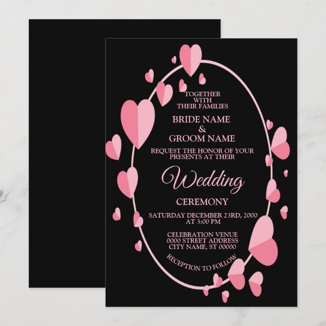 Pink Heart Pattern Black Geometric Elegant Wedding Einladung (Vorne/Hinten)