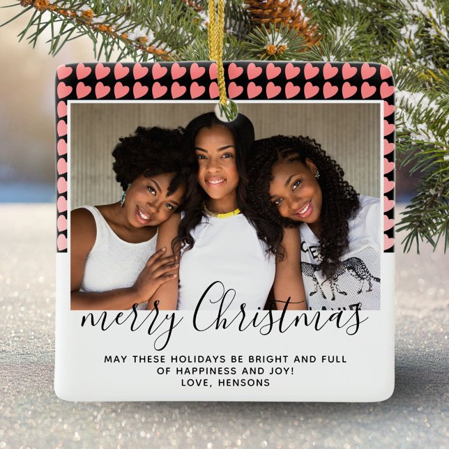 Pink Heart Pattern Frohe Weihnachten Foto Keramikornament (Von Creator hochgeladen)