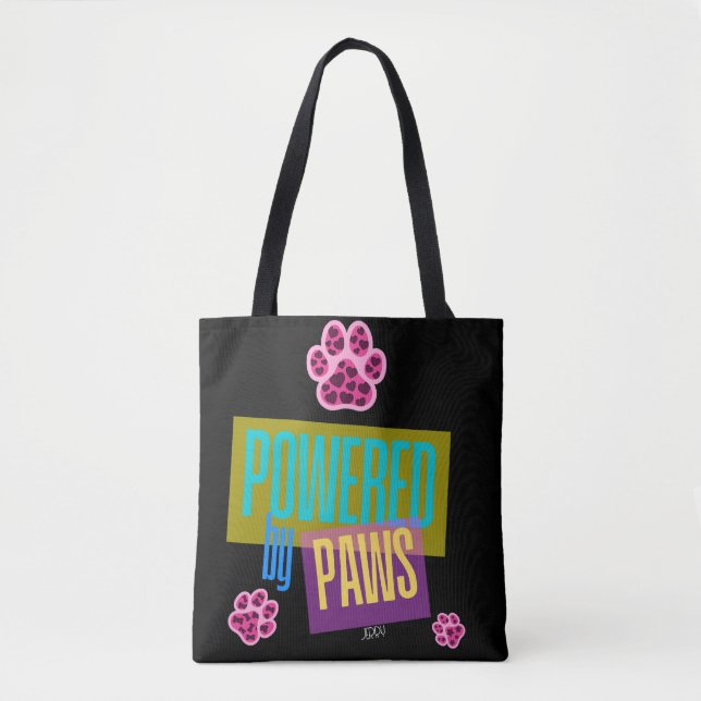 Pink Heart Paw Print "Powered by Paws" Design Tasche (Vorderseite)