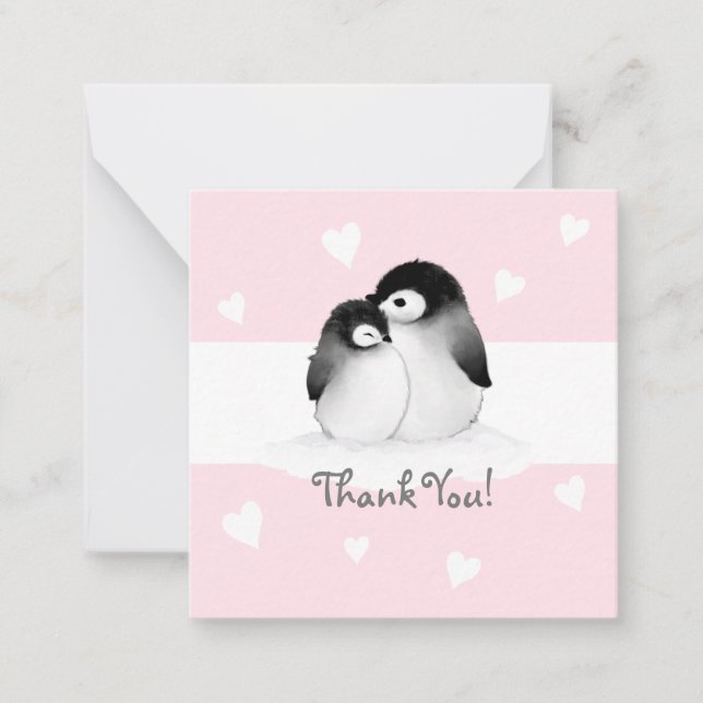 Pink Heart Penguin Danke Notizkarten Mitteilungskarte (Vorderseite)