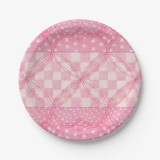 PINK HEART QUILT 7" Rundpapier-Teller Pappteller (Vorderseite)