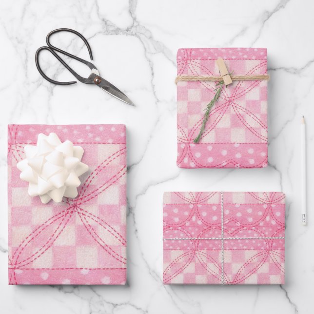 PINK HEART QUILT Flachfolienpapier Geschenkpapier Set (Vorderseite)