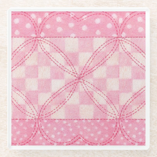 PINK HEART QUILT Glass Untersetzer (Vorderseite)