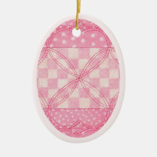 PINK HEART QUILT Keramik Oval Ornament / Rosa