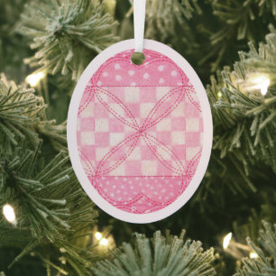 PINK HEART QUILT Metal Oval Ornament / Rosa Aus Metall